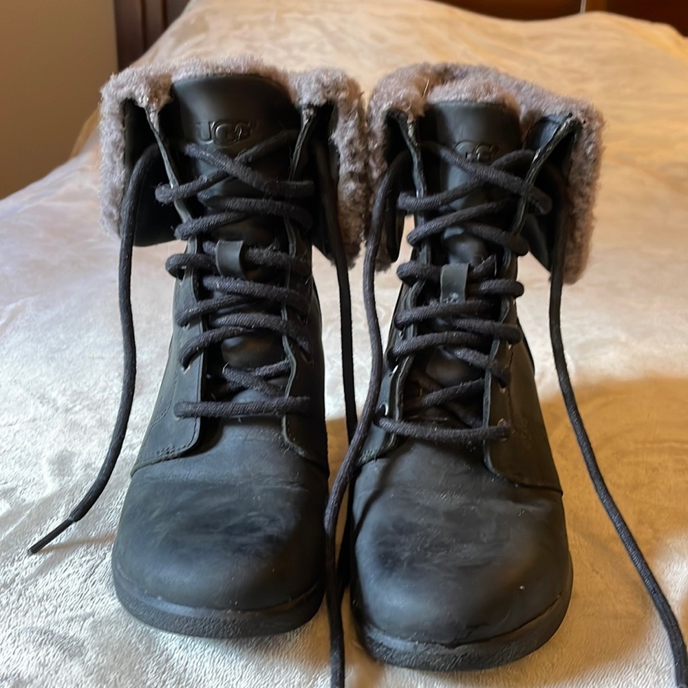 UGG boots, black wedge heel, fur trim.